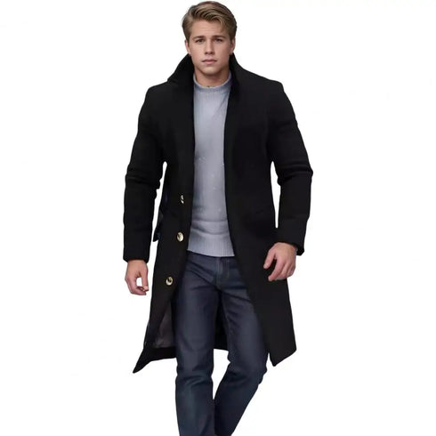 Elegant Men's Woolen Coat with Lapel Pockets - Single Breasted Long Sleeve Jacket Perfect for Autumn and Winter Casual Wear